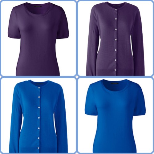 Lands' End twinsets in blackberry and cobalt blue