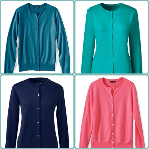 Lands' End twinsets in intense teal, maritime teal, coral rock and celestial blue
