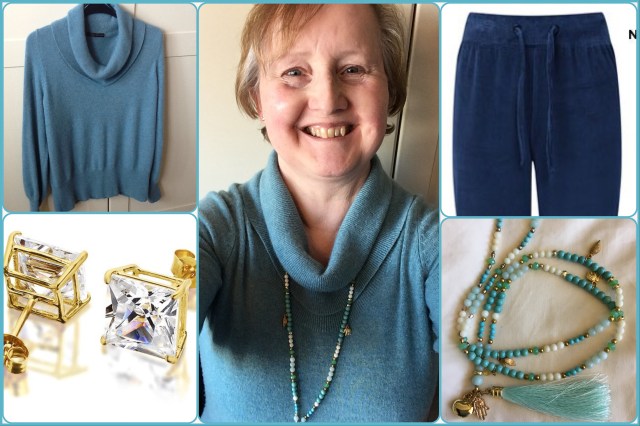 Outfit with aqua cashmere jumper by Marks and Spencer